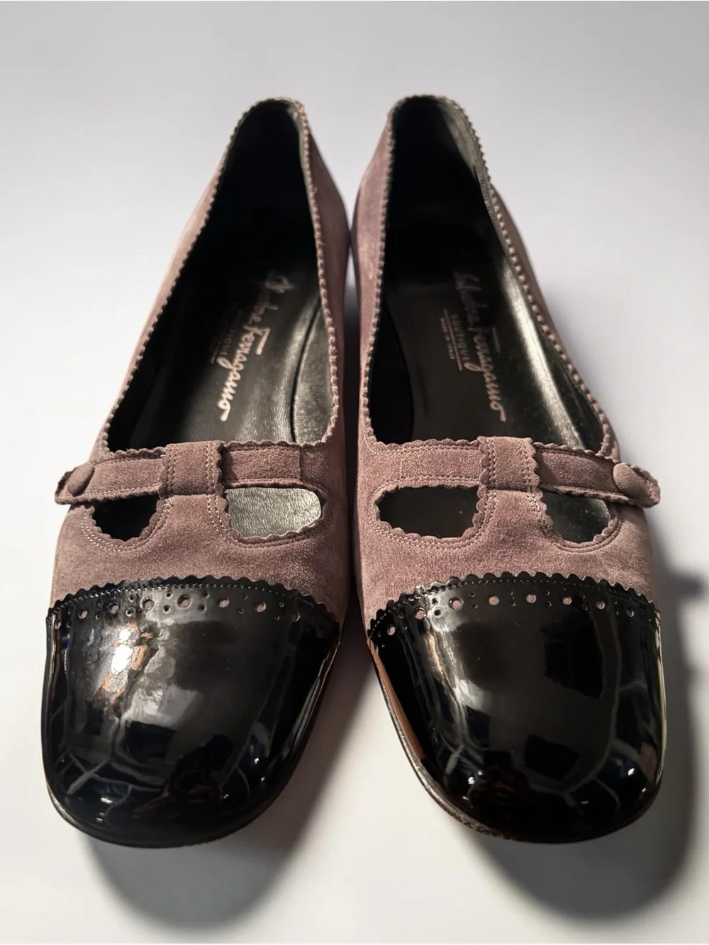 Vintage Salvatore Ferragamo Grey Suede Pumps with Black Patent Cap Toe